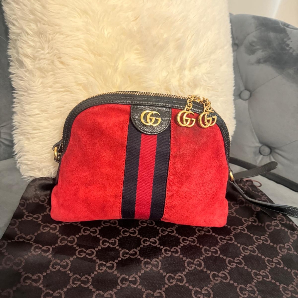 GUCCI SUEDE PATENT WEB GG SMALL OPHIDIA DOME SHOULDER BAG HIBISCUS RED